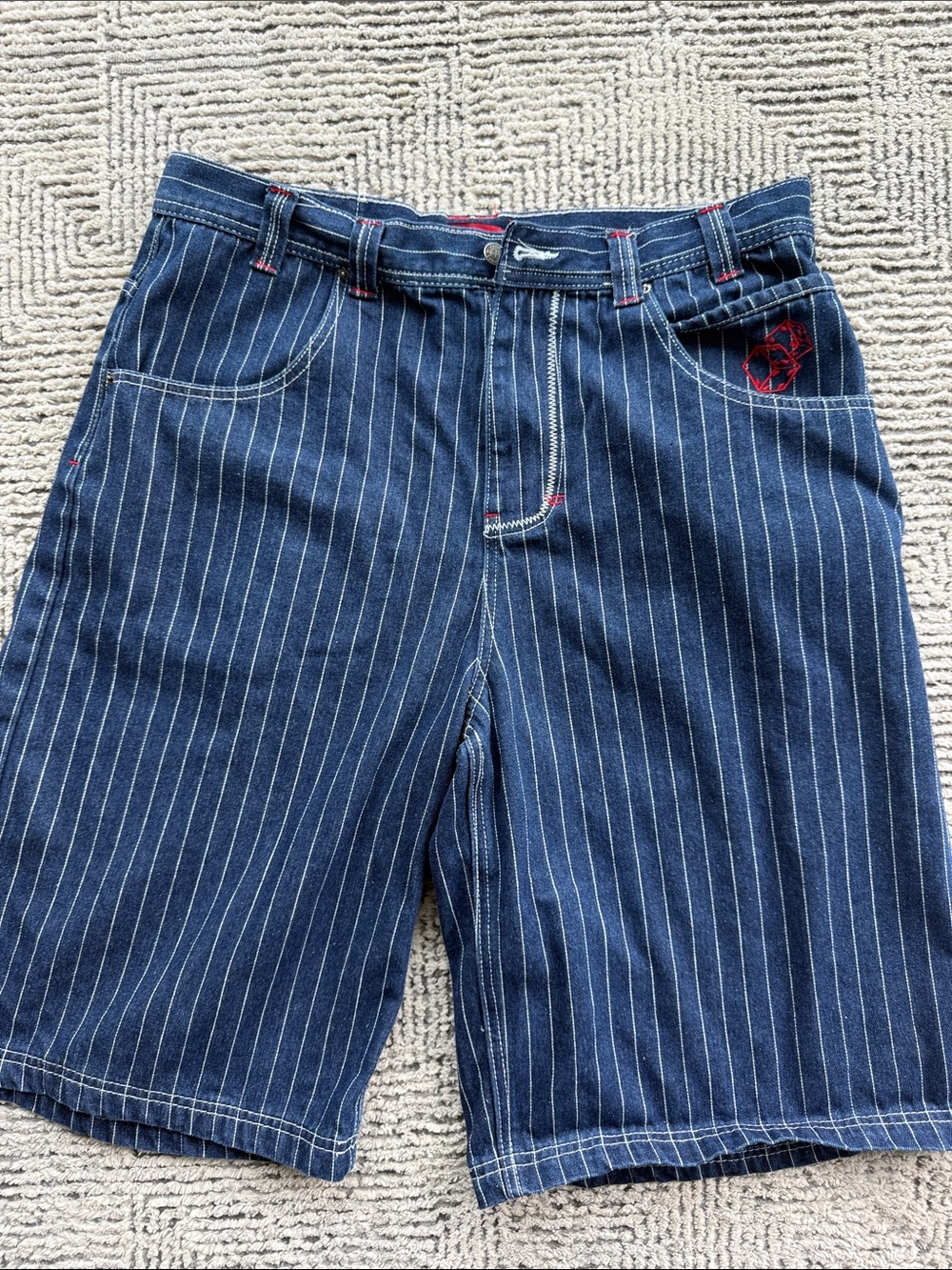 Jaded London Navy Pinstripe Denim Shorts with Red Stitch Detail